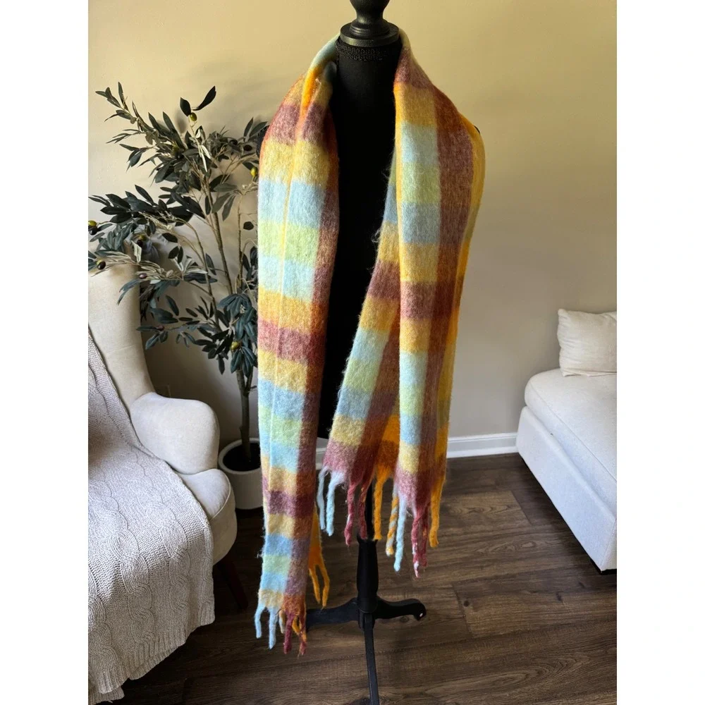 A New Approach ana Oversized Plaid Blanket Scarf Multi Color Tassel Fringe Wrap